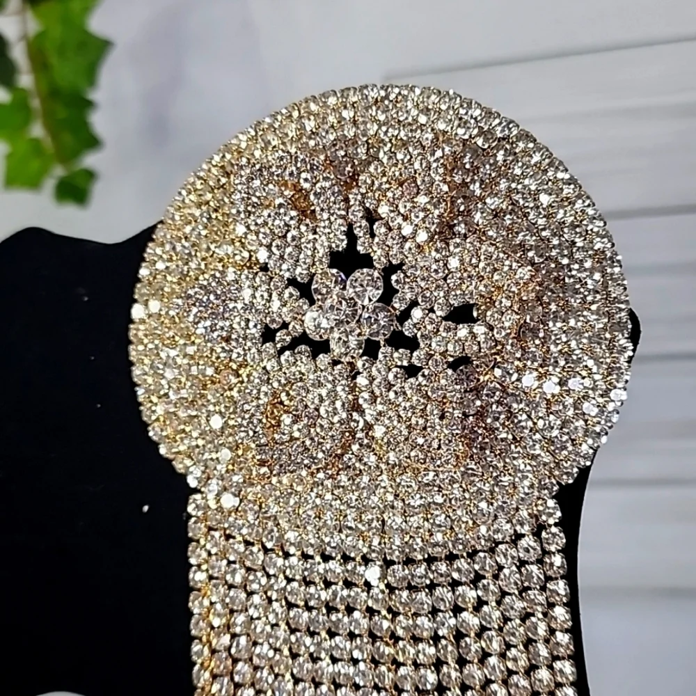 Large Statement Petal Flower Brooch Pin Yellow Gold Rhinestone Fringe New